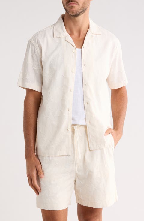 Floral Embroidered Cotton Camp Shirt & Shorts Set