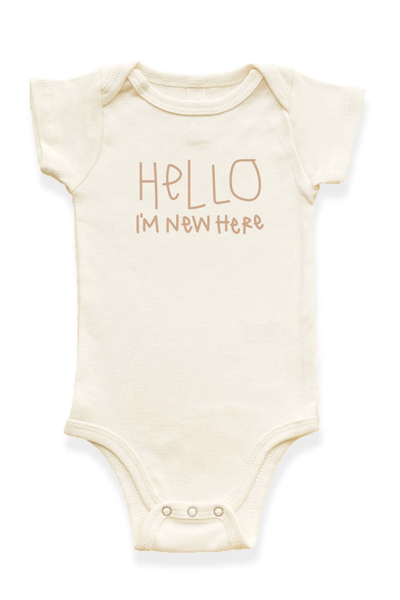Hello I'm New Here Organic Baby Bodysuit, Main, color, Natural Clay Lettering