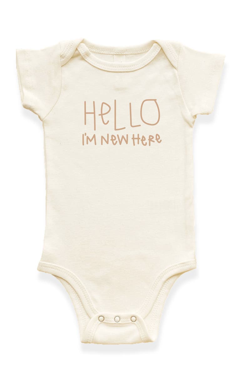 Tenth & Pine Hello I'm New Here Organic Baby Bodysuit, Main, color, Natural Clay Lettering