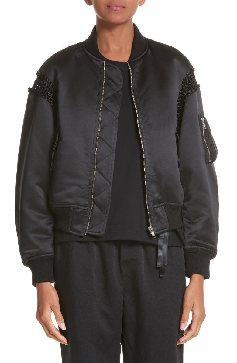 Noir Kei Ninomiya Macramé Trim Satin Bomber Jacket, Main, color, 