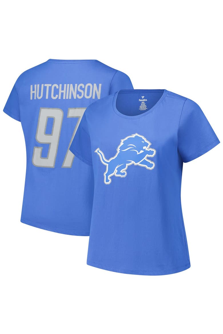 Women's Aidan Hutchinson Blue Detroit Lions Plus Size Fair Catch Name & Number Scoop Neck T-Shirt, Alternate, color, Blue