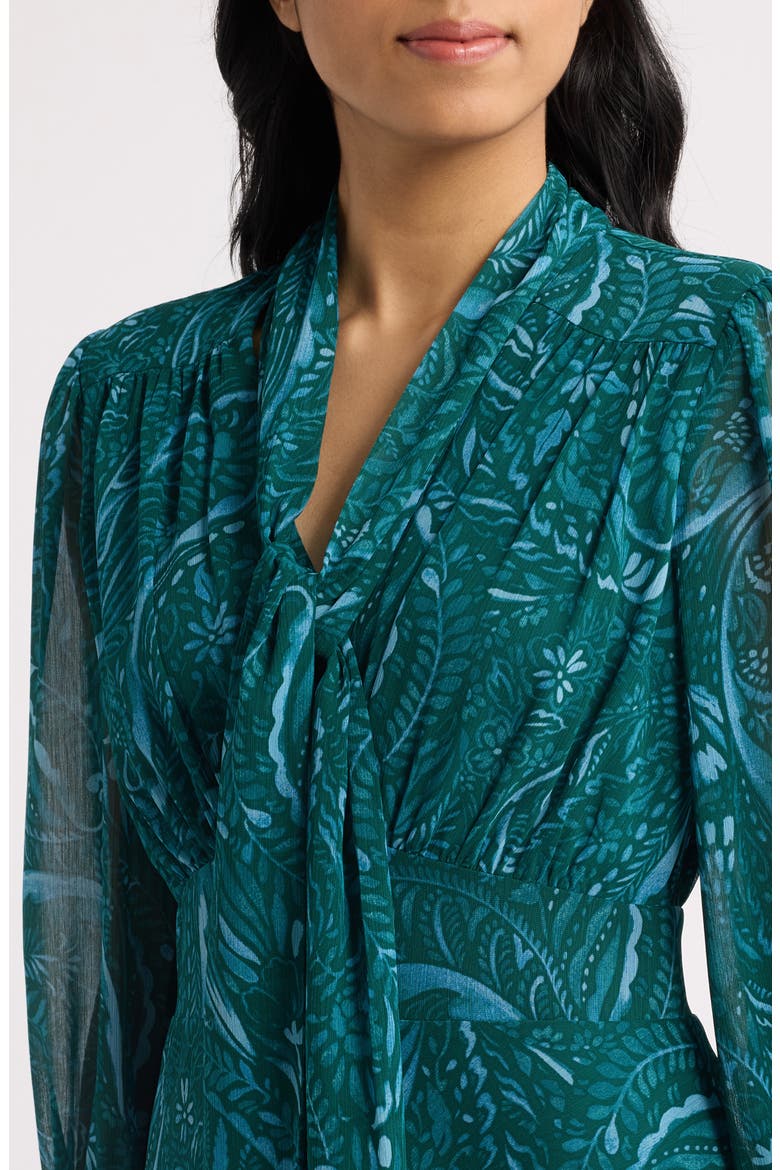 Print Tie Neck Long Sleeve Midi Dress, Alternate, color, TEAL PAISLEY