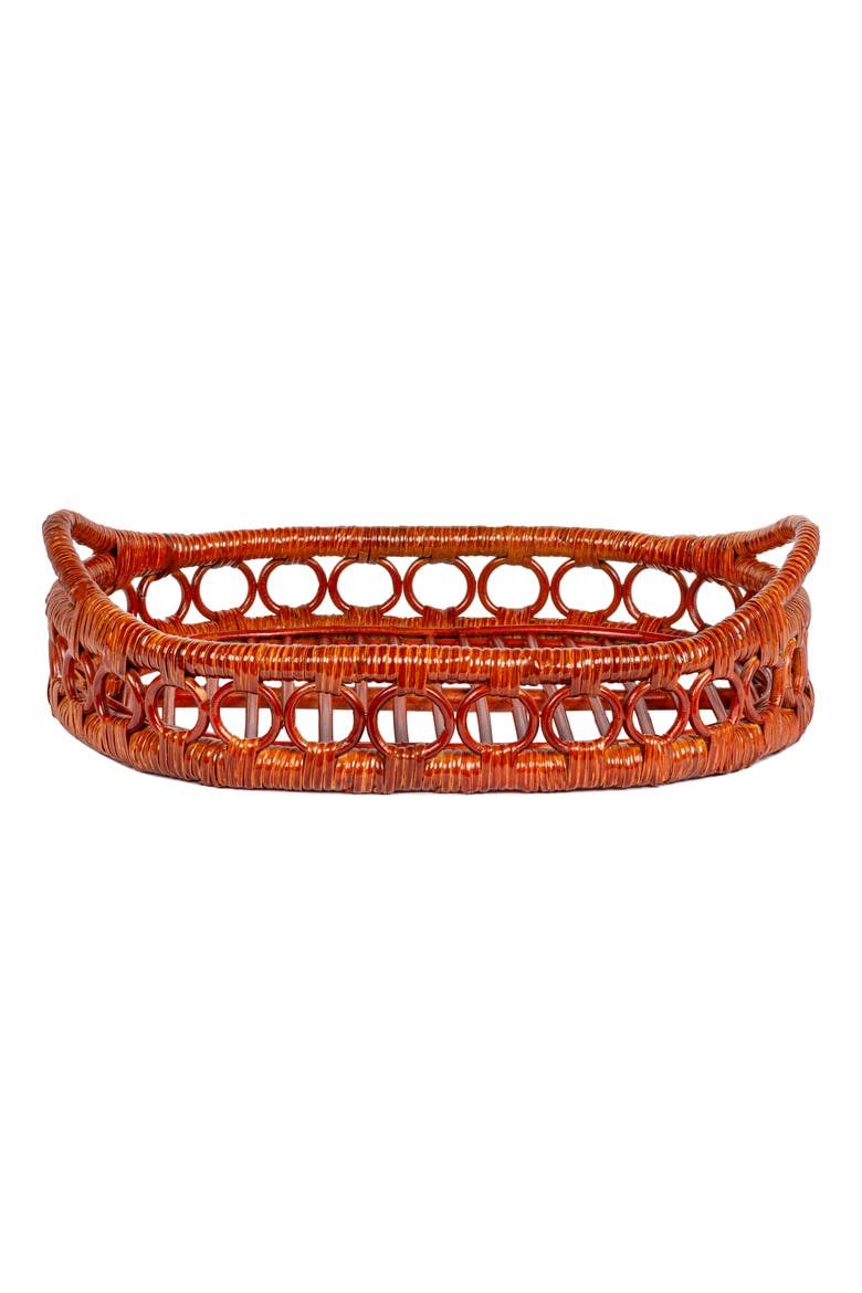 Cassini Handcrafted Rattan Oval Geometric Loop Ring Decorative Serving Tray with Handles and Slat Base, Alternate, color, Auburn