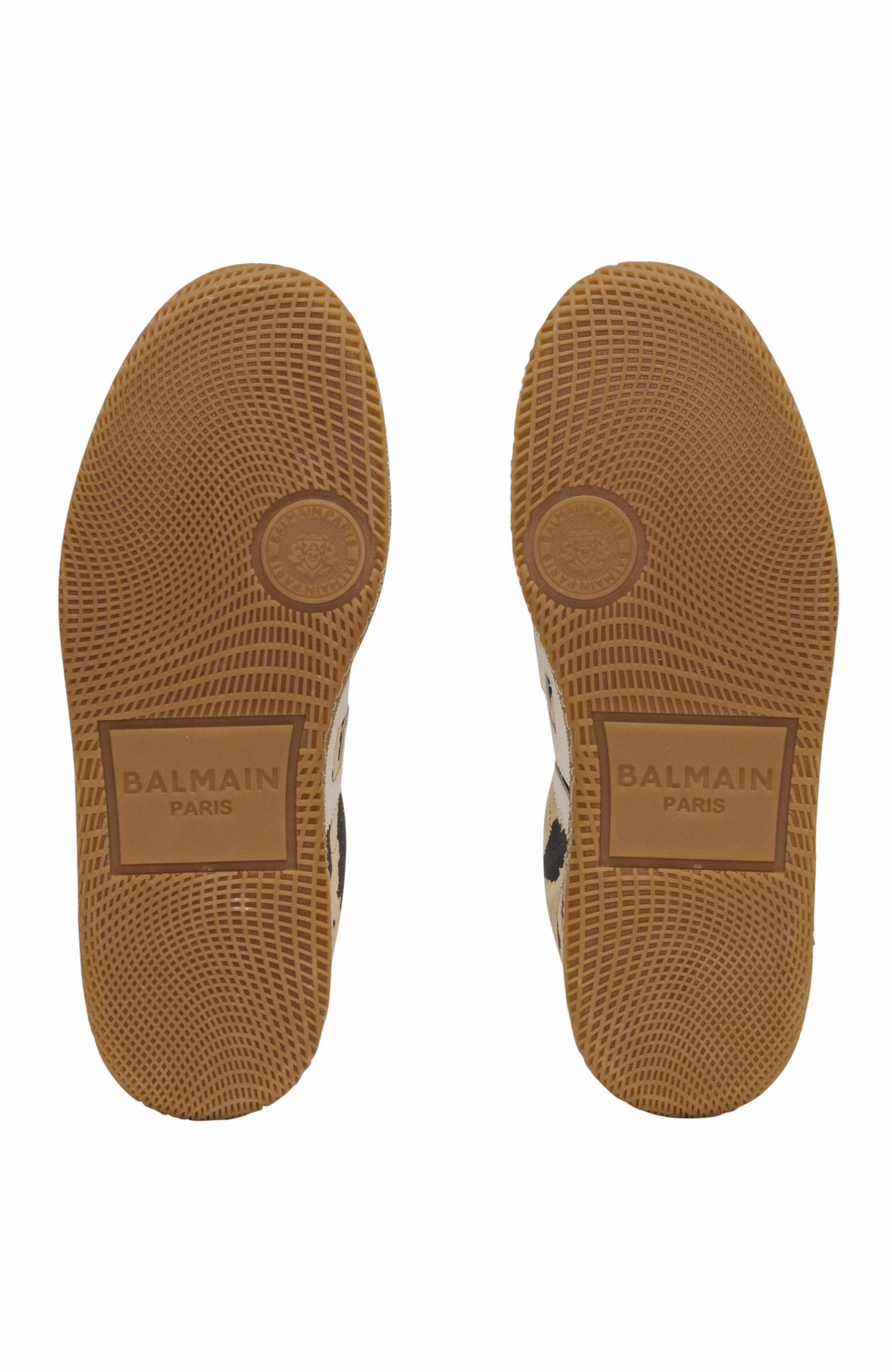 Balmain Swan Leopard Print Suede Leather Trainers, Alternate, color, Brown