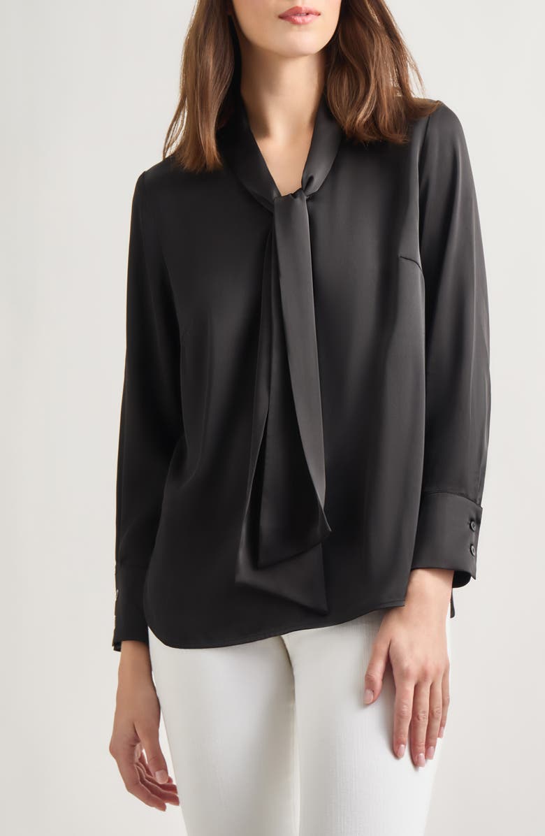 Misook Tie Neck Crêpe de Chine Blouse, Main, color, Black