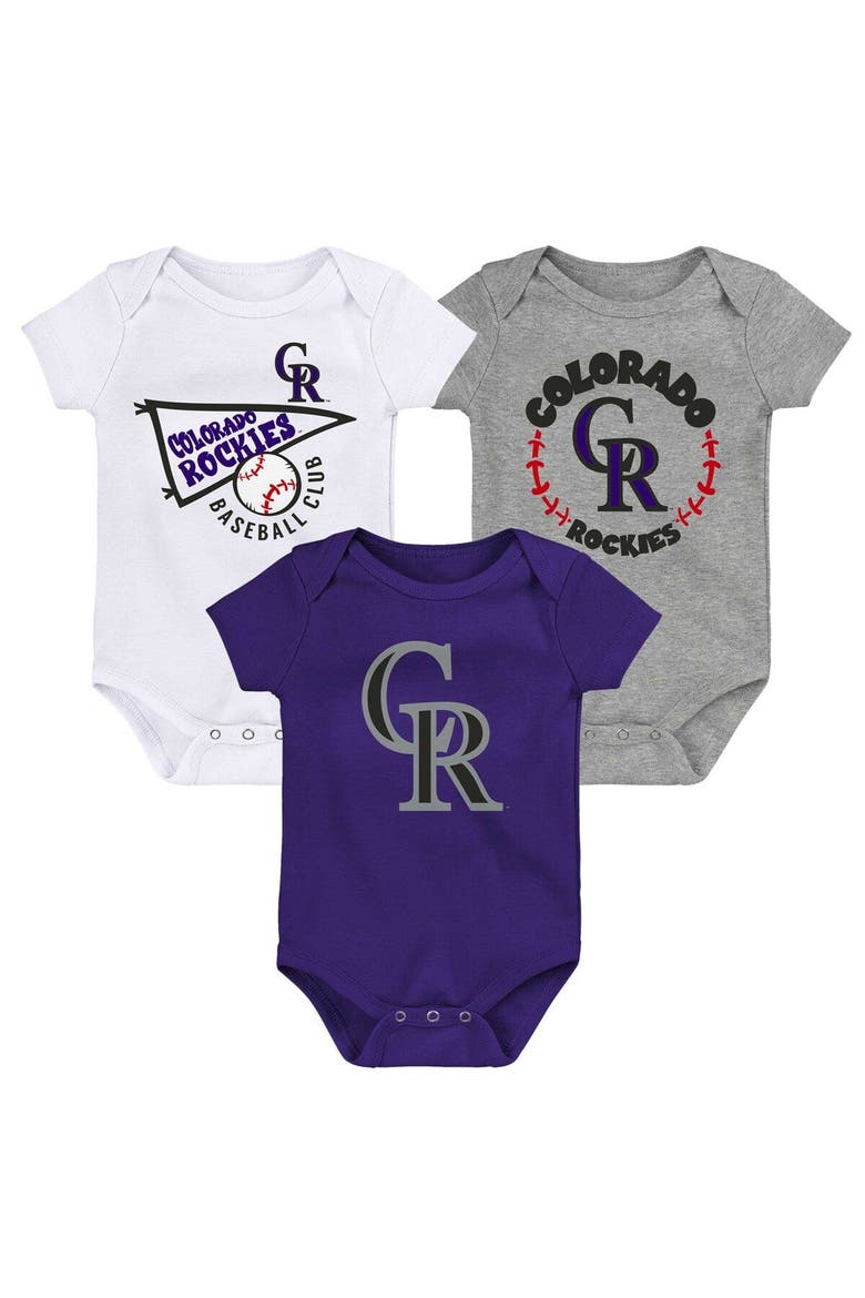 Newborn & Infant Purple/White/Heather Gray Colorado Rockies Biggest Little Fan 3-Pack Bodysuit Set, Main, color, Purple