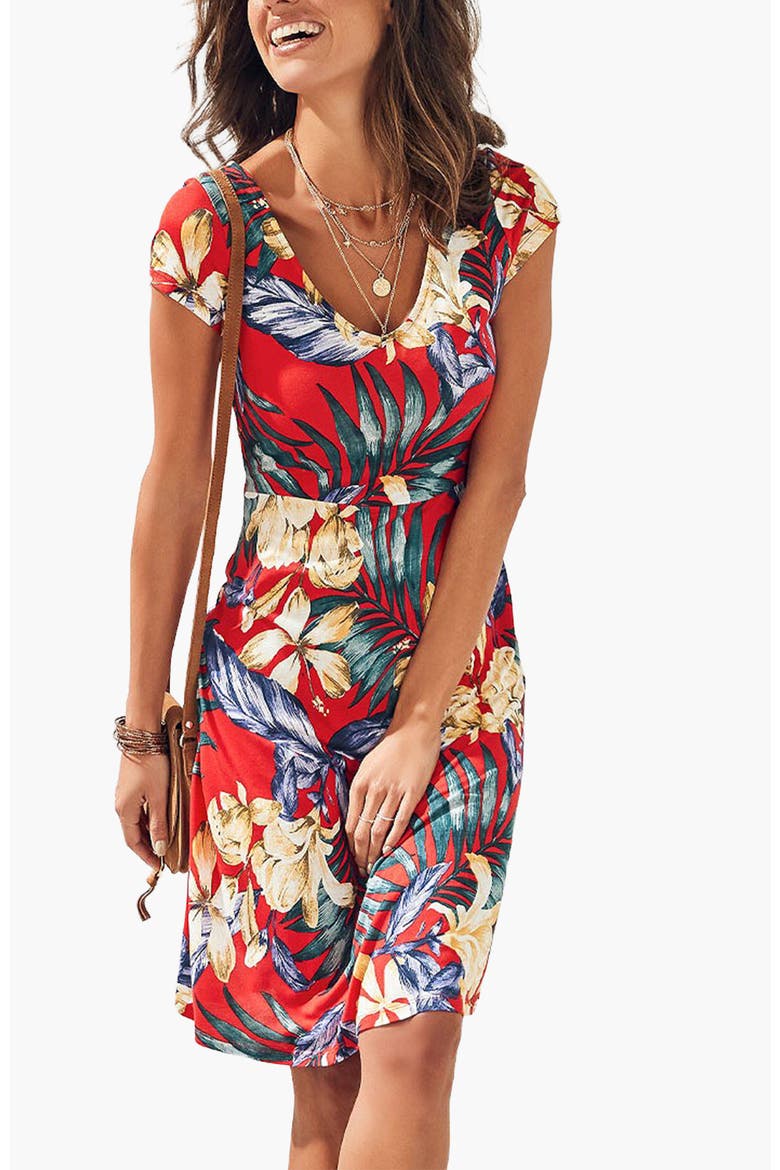 Pattern V-Neck Dress, Main, color, Red Multi