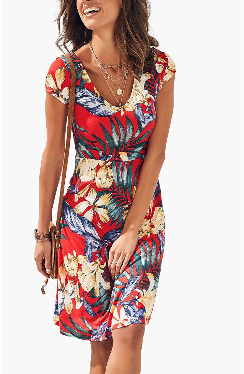 LASCANA Women's Pattern V-Neck Dress, Main, color, Red Multi