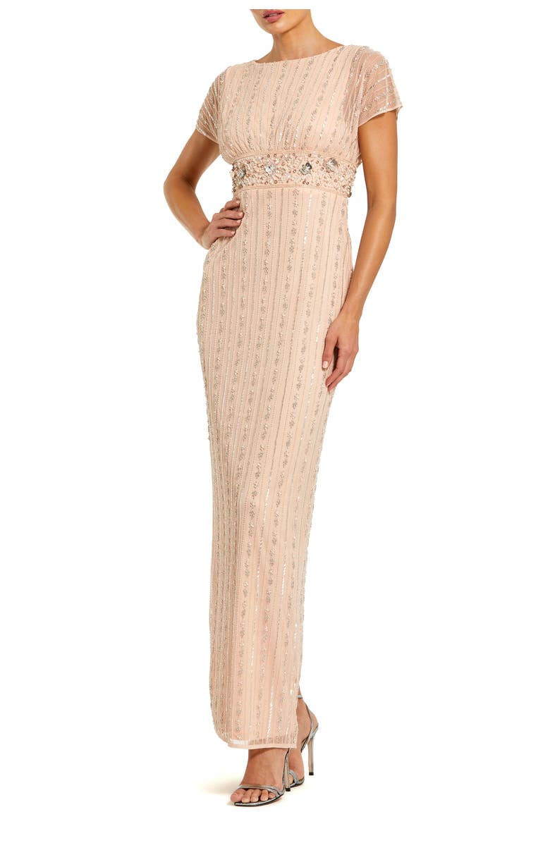 Mac Duggal Beaded Blouson Short Sleeve Column Gown, Main, color, Rose