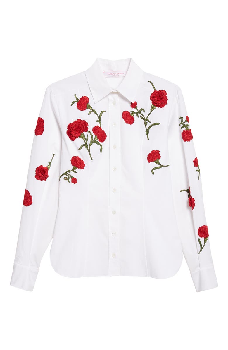 Carolina Herrera Isabella Rose Embroidered Stretch Poplin Button-Up Shirt, Main, color, White Multi