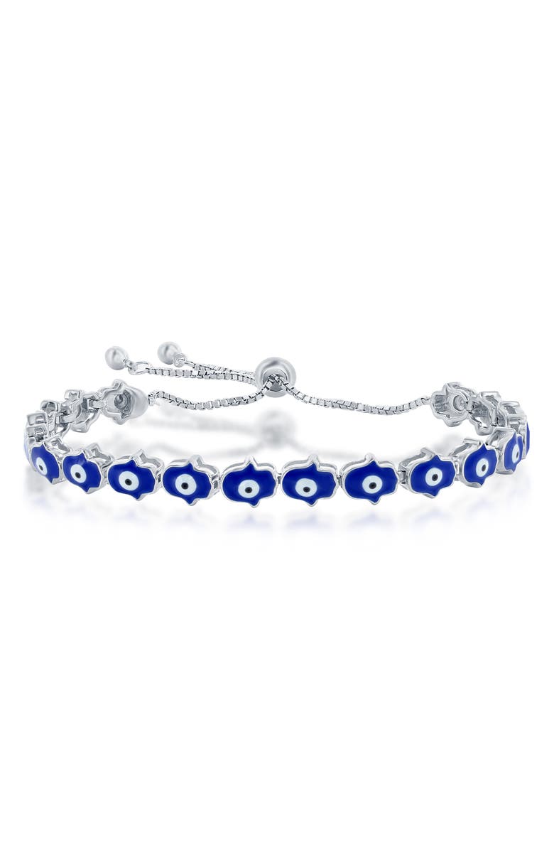 SIMONA Sterling Silver Evil Eye Hamsa Station Anklet, Main, color, Blue