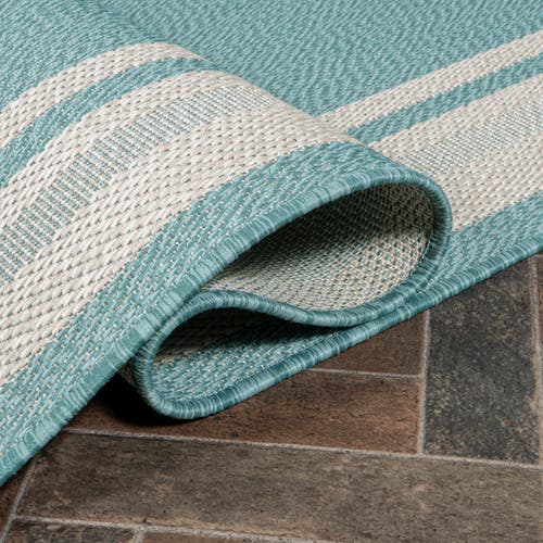 Jonathan Y James Modern Border Stripe Indoor/outdoor Area Rug In Aqua/beige