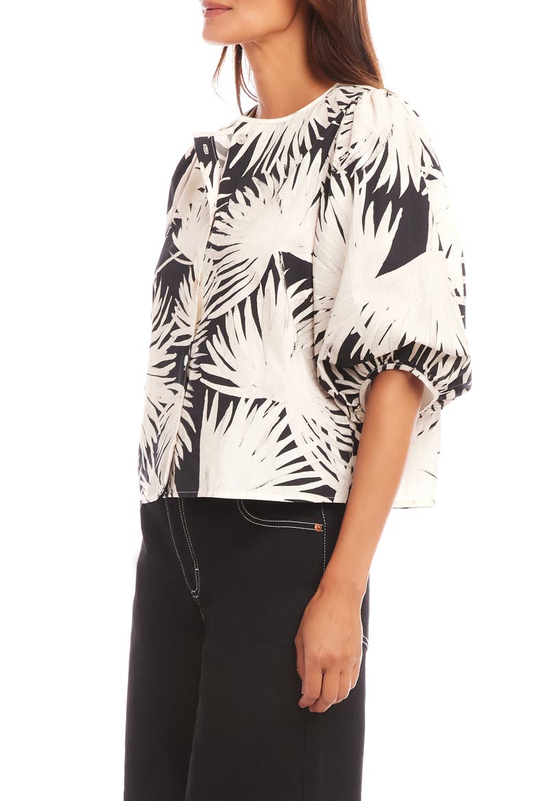 Palm Print Puff Sleeve Cotton Button-Up Top, Alternate, color, PRINT