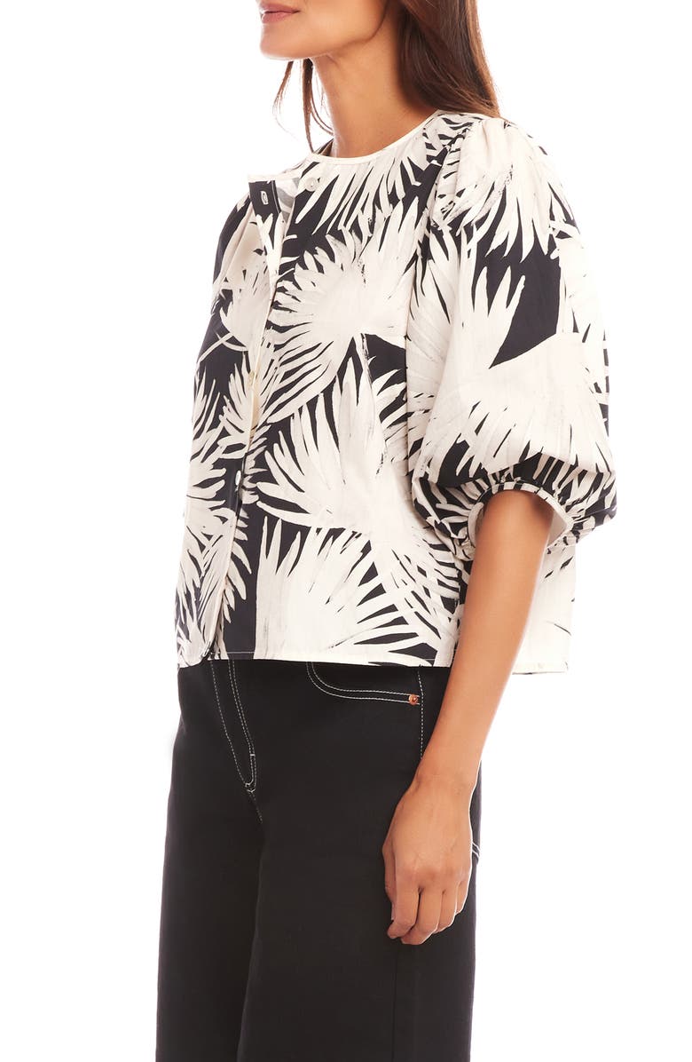 Karen Kane Palm Print Puff Sleeve Cotton Button-Up Top, Alternate, color, Print