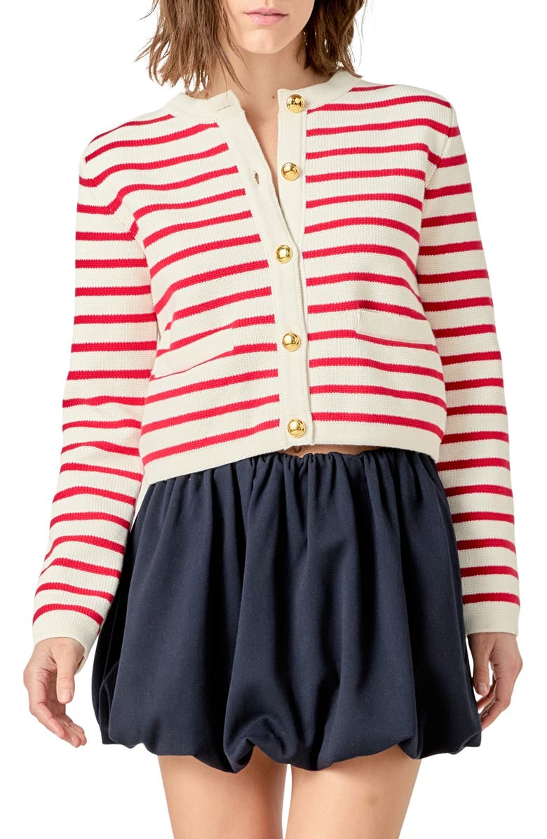 English Factory Stripe Cotton Cardigan, Main, color, Off White/ Red