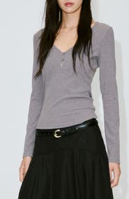 MANGO V-Neck Rib Long Sleeve Top
