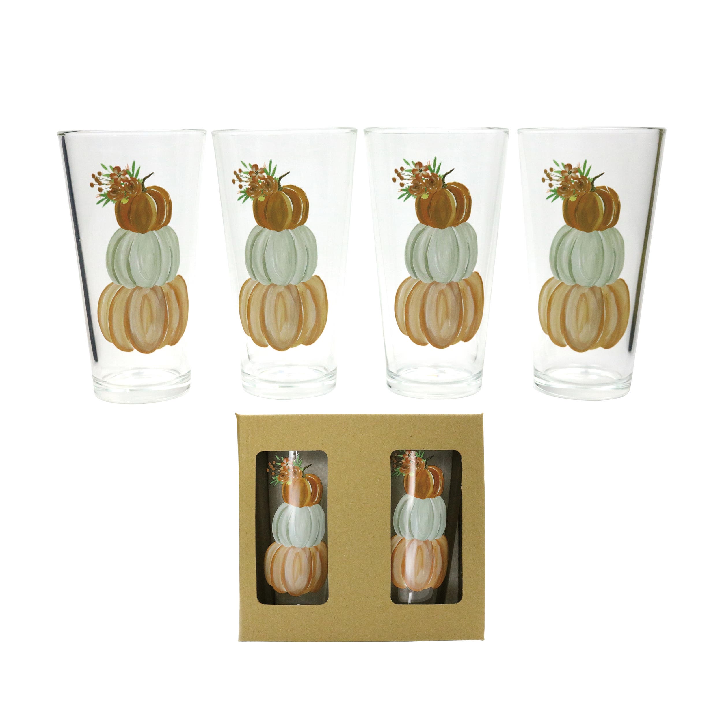 Transpac Floral Pumpkins Glass Tumblers Set Of 4 21oz Fall Harvest Drinkware For Autumn Gatherings A In Multi