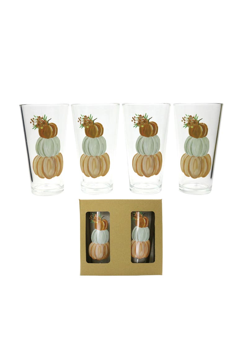 Floral Pumpkins Glass Tumblers Set of 4 21oz Fall Harvest Drinkware for Autumn Gatherings and Home Decor, Main, color, Multicolored