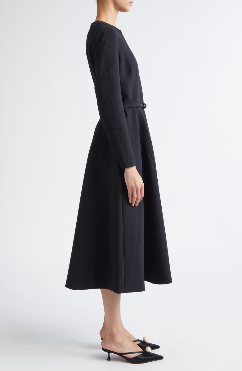 Emilia Wickstead Uccelina Belted Long Sleeve Bird's Eye Suiting Fit & Flare Dress, Alternate, color, Black