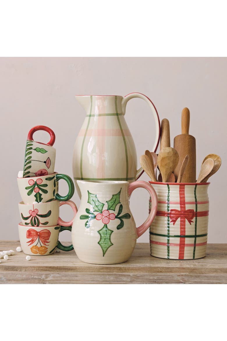 Holiday Botanical Stoneware Pitcher with Painted Handle, Main, color, Multicolor