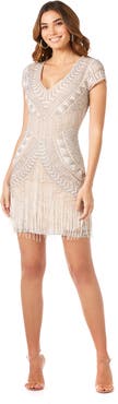 LARA New York Brooklyn Beaded Fitted Short Dress with Open Back