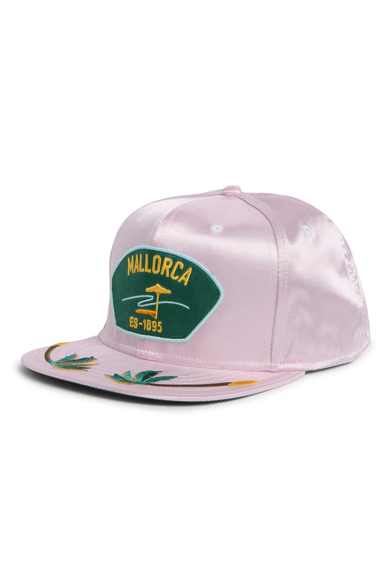Mallorca Patch Satin Trucker Cap, Main, color, SAND