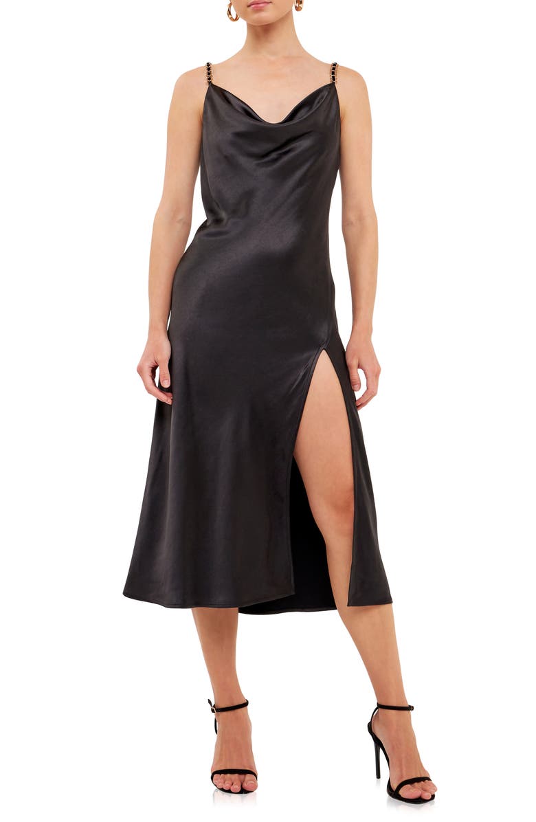 Endless Rose Chain Strap Satin Midi Slipdress, Main, color, Black