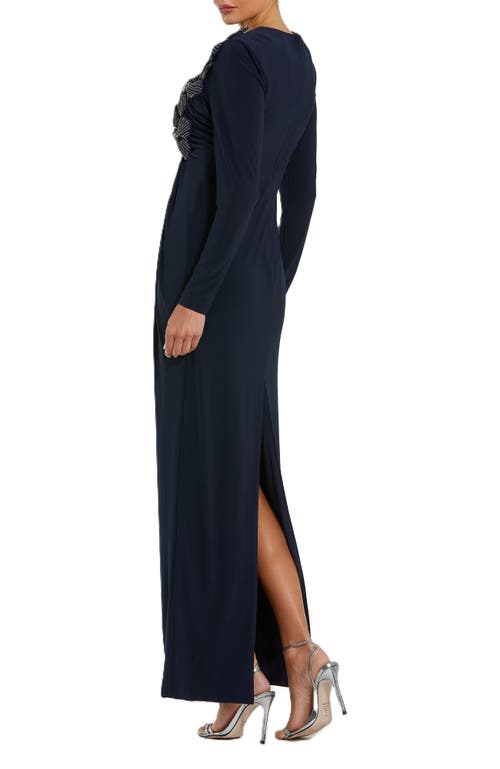 Mac Duggal Jersey Long Sleeve Fitted Gown With 3d Flowers In Midnight