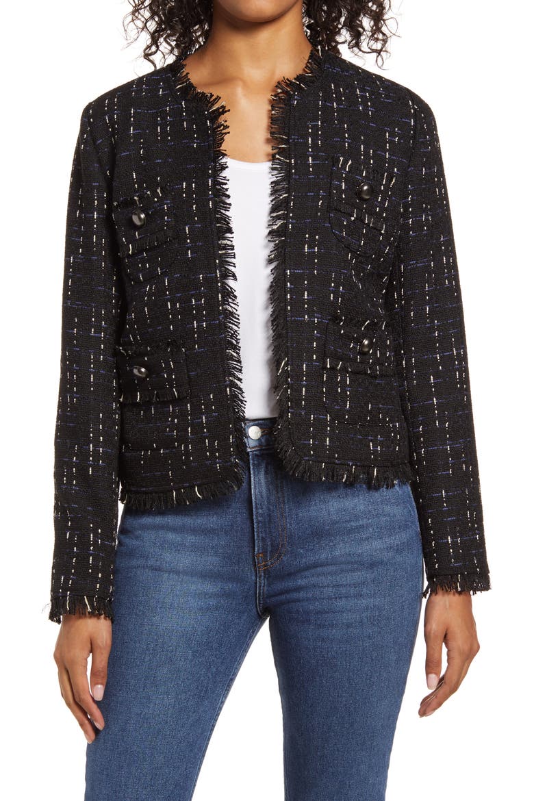 Fringe Tweed Jacket, Main, color, BLACK- BLUE TWEED