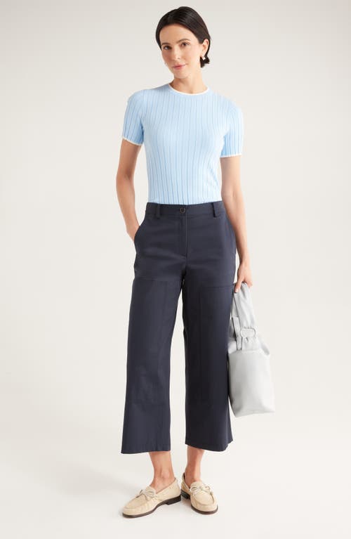 Nordstrom Rack Tipped Short Sleeve Ribbed Sweater In Blue Thread- Ivory Tipping