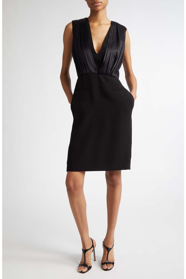 Vittor Pleated Overlay Sleeveless Cady Dress, Main, color, BLACK
