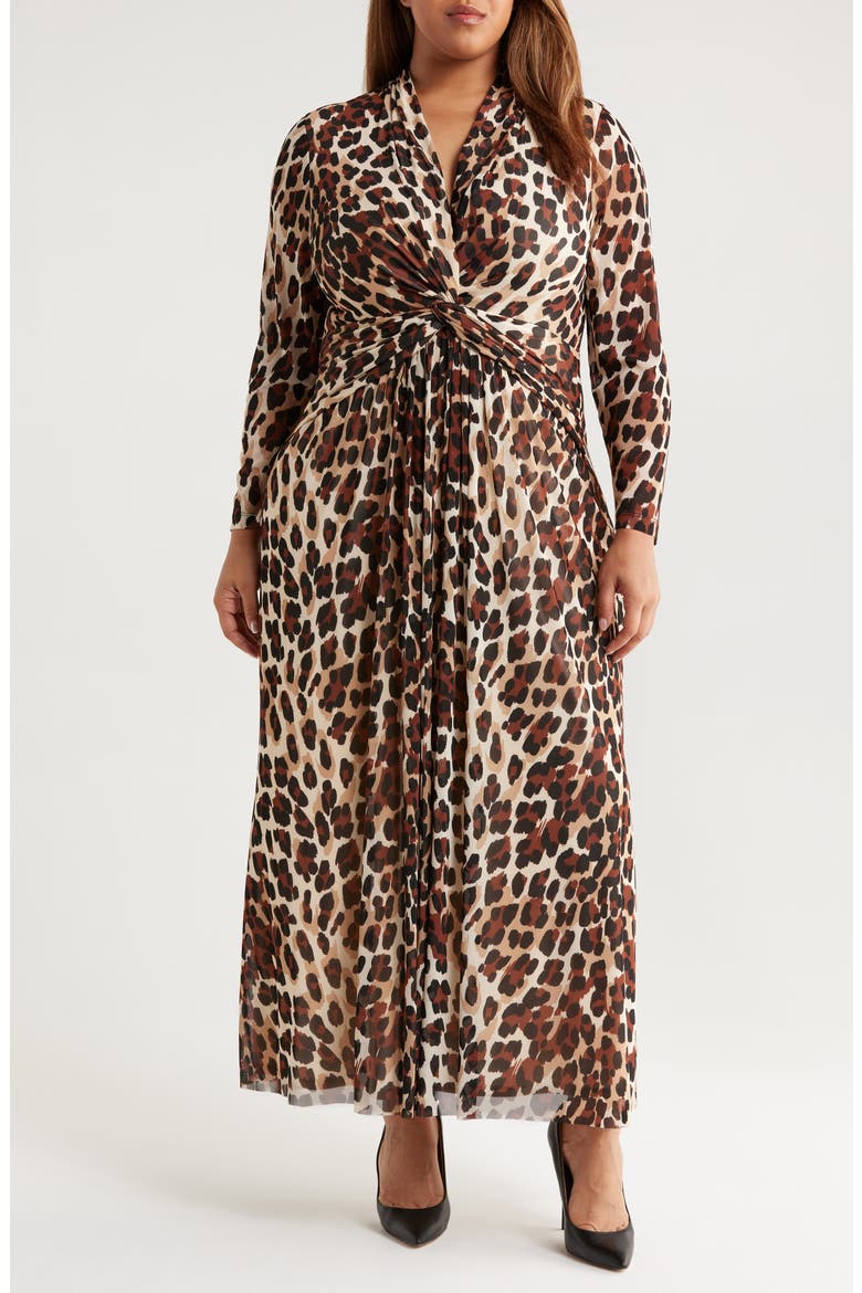 Anne Klein Leopard Print Twist Front Long Sleeve Mesh Maxi Dress (Women)