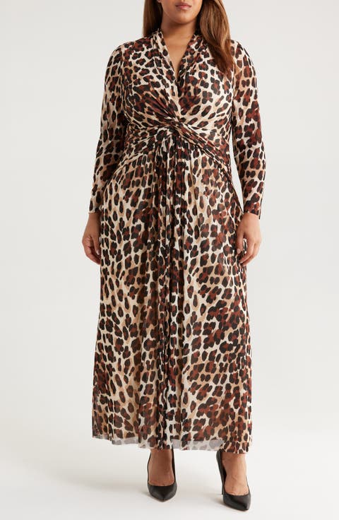 Leopard Print Twist Front Long Sleeve Mesh Maxi Dress (Plus)