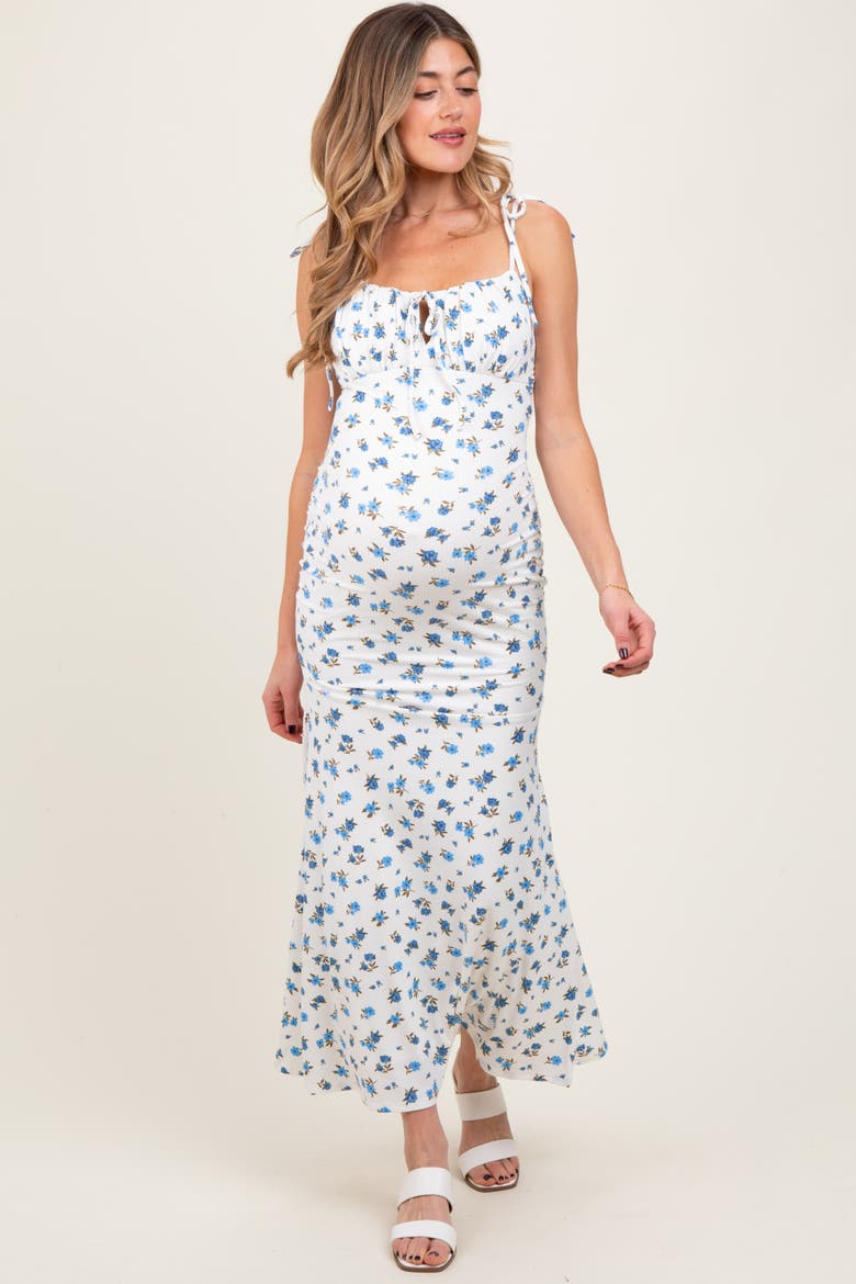 Ribbed Floral Shoulder Tie Maxi Dress, Alternate, color, Blue