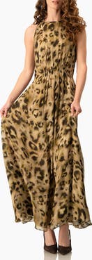 IVONNE Abstract Animal Print Chiffon, Sleeveless Cinched-Waist A-Line Maxi Dress