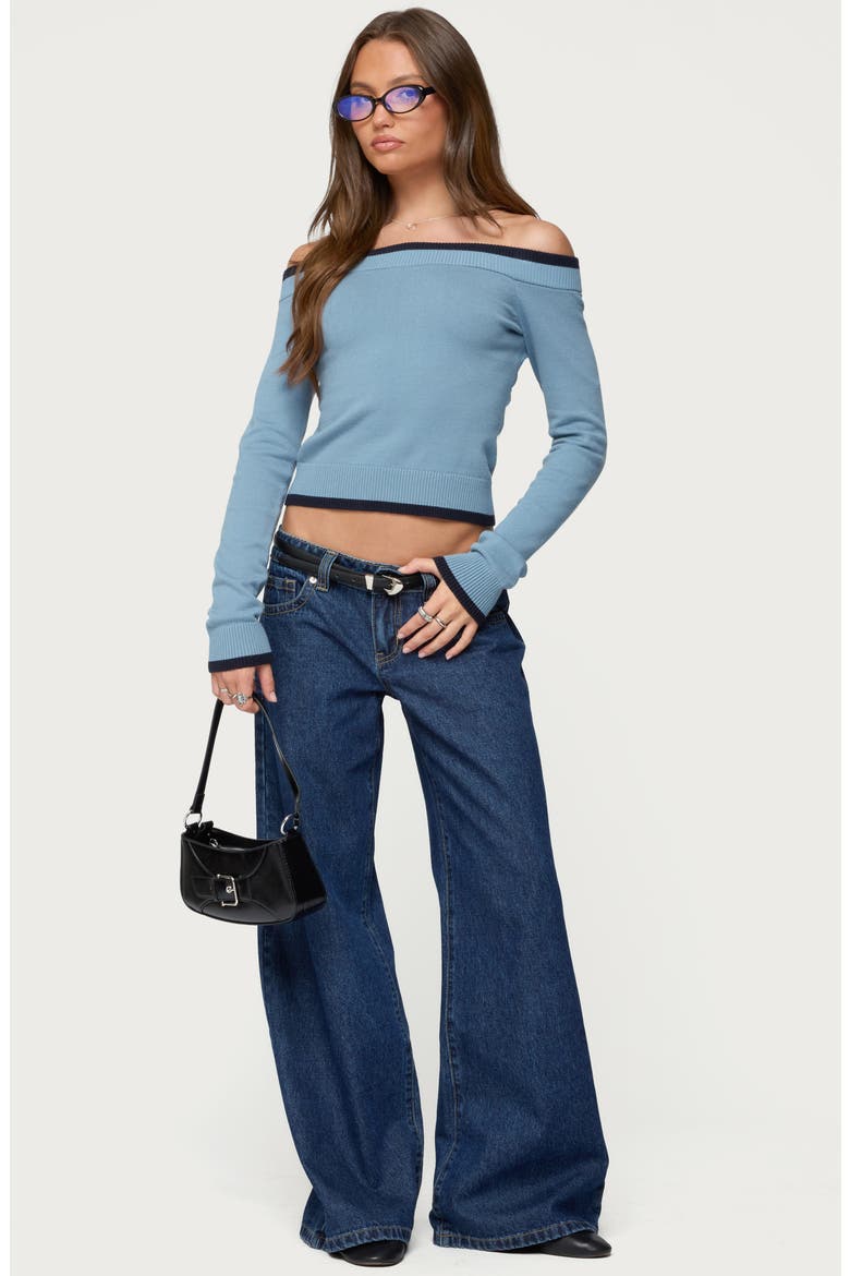 Kezzie Contrast Trim Off the Shoulder Sweater, Alternate, color, BLUE
