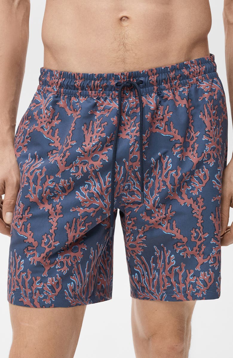 MANGO Coral Print Swim Trunks, Main, color, Coral Red