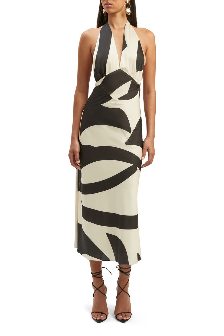 Citron Halter Cocktail Midi Dress, Main, color, BLACK/ IVORY