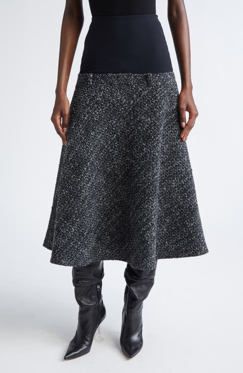 O-Grace Bouclé Tweed & Jersey Midi Skirt