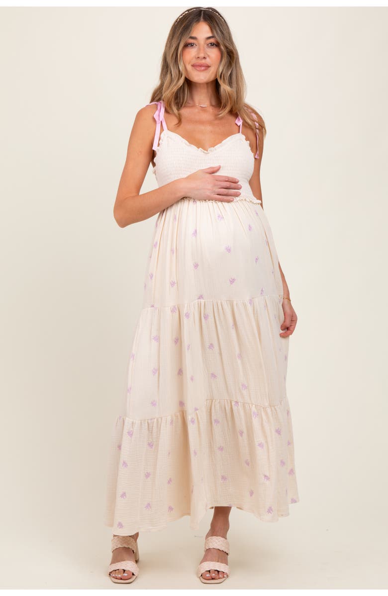 PinkBlush Embroidered Smocked Shoulder Tie Maxi Dress, Main, color, Cream