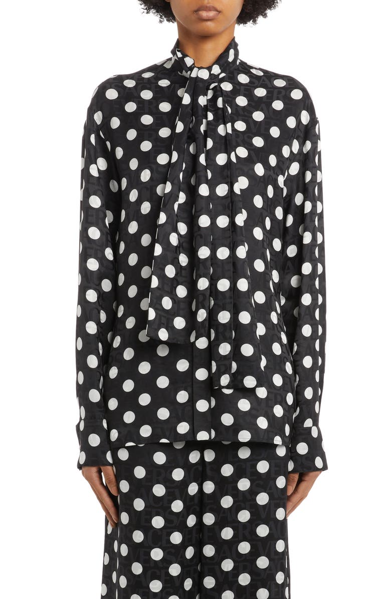 Versace Polka Dot Logo Jacquard Tie Neck Blouse, Main, color, 