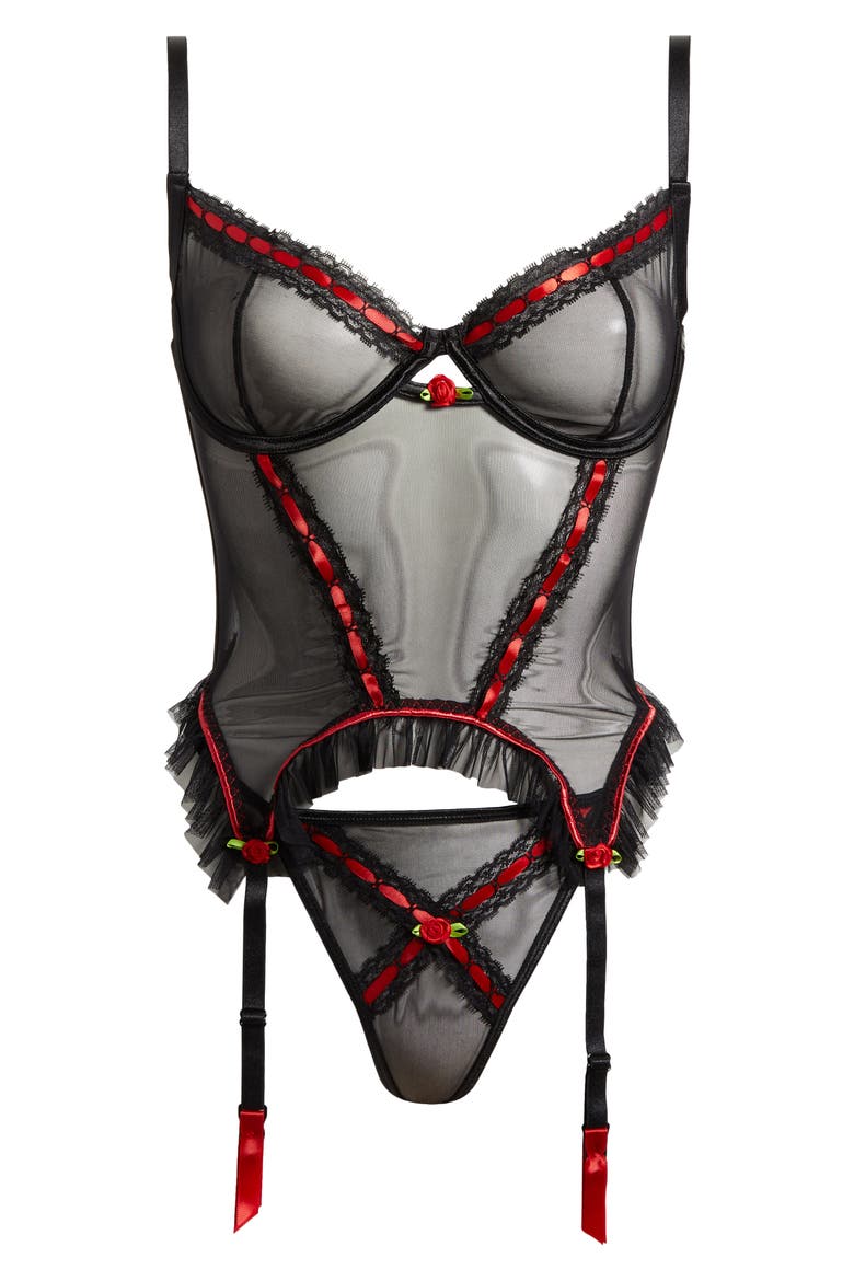 Mesh Underwire Bustier & G-String Set, Alternate, color, BLACK