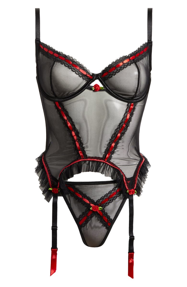 Coquette Mesh Underwire Bustier & G-String Set, Alternate, color, Black