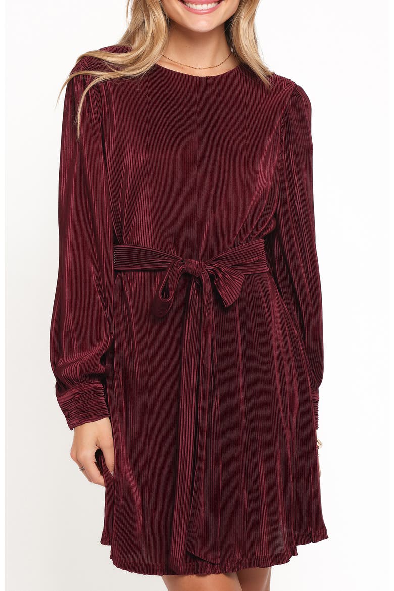 Joy Long Sleeve Plissé Minidress, Alternate, color, BURGUNDY