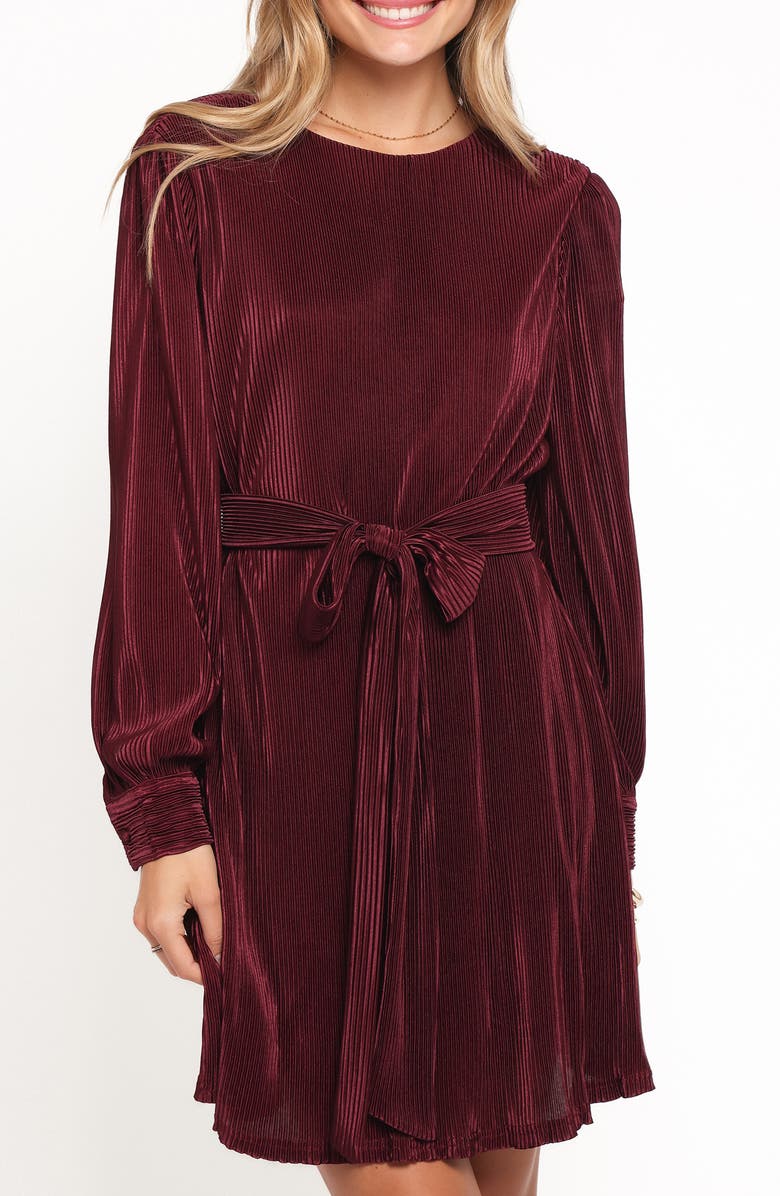 Petal & Pup Joy Long Sleeve Plissé Minidress, Alternate, color, Burgundy