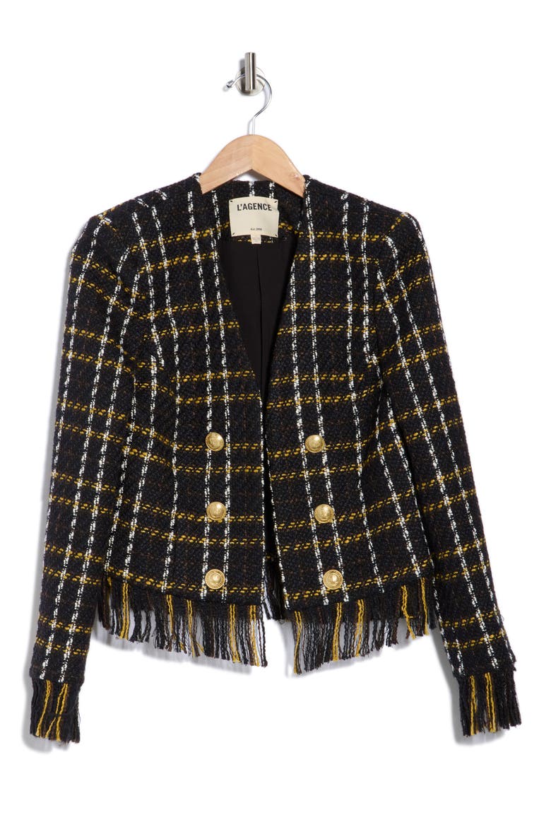 Belmont Fringe Tweed Jacket, Alternate, color, BLACK YELLOW MULTI PLAID