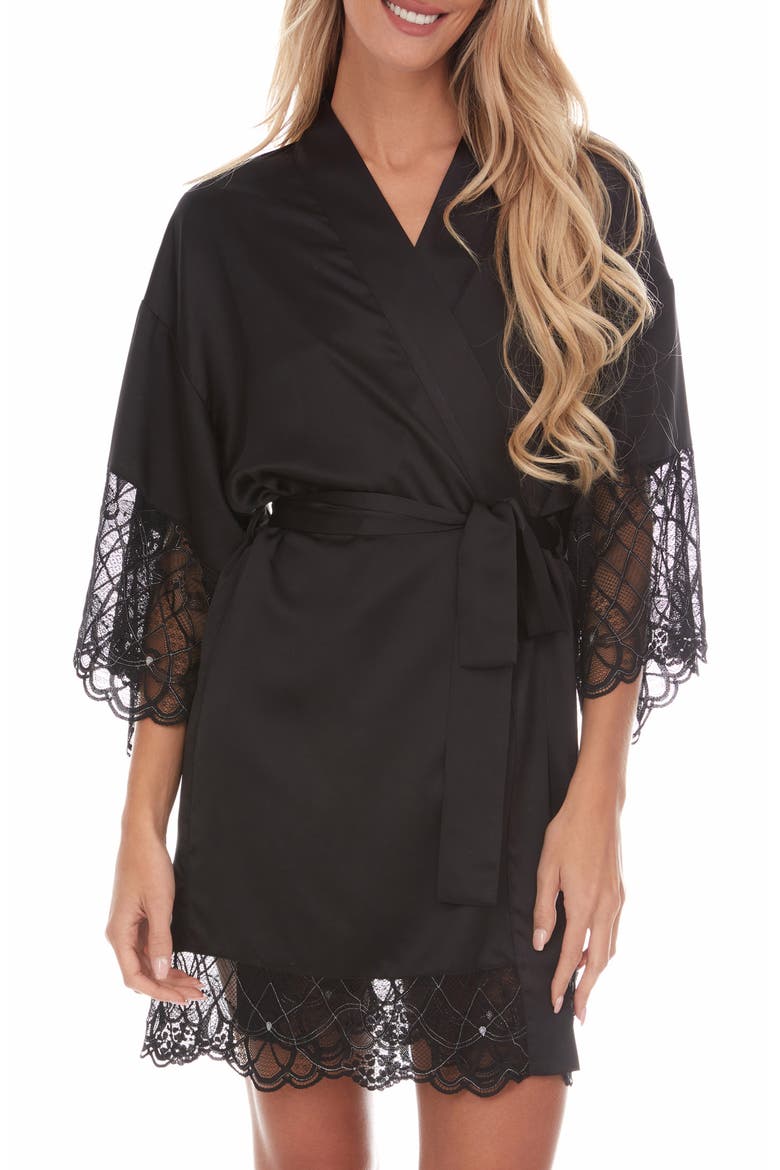 Gabby Lace Trim Satin Chermeuse Wrap, Main, color, BLACK