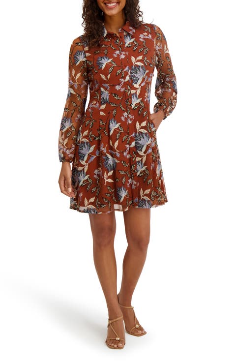 Embroidered Mesh Long Sleeve Shirtdress