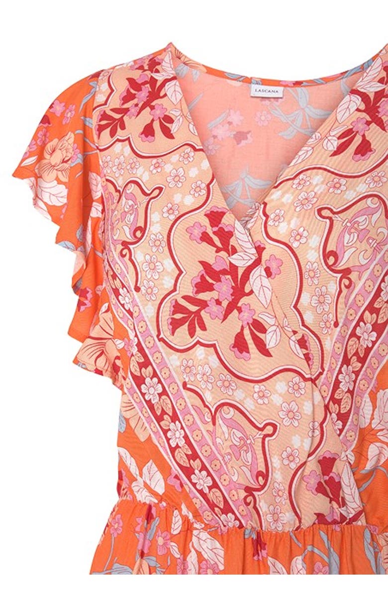LASCANA Women's Floral V-Neck Maxi Dress, Alternate, color, Orange Multi
