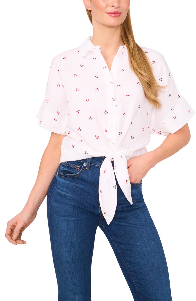 CeCe Cherry Print Cotton Tie Front Button-Up Shirt, Main, color, 